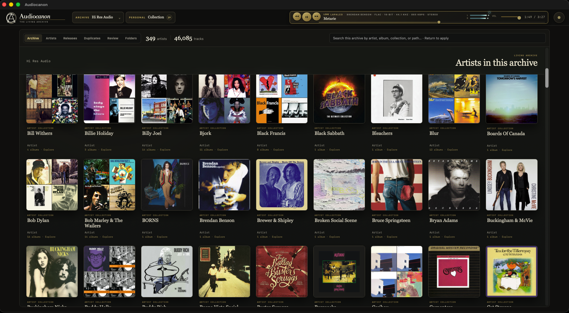 AudioCanon Archive View presenting a large multi-artist collection as a browsable field of artwork-rich artist collections while music plays