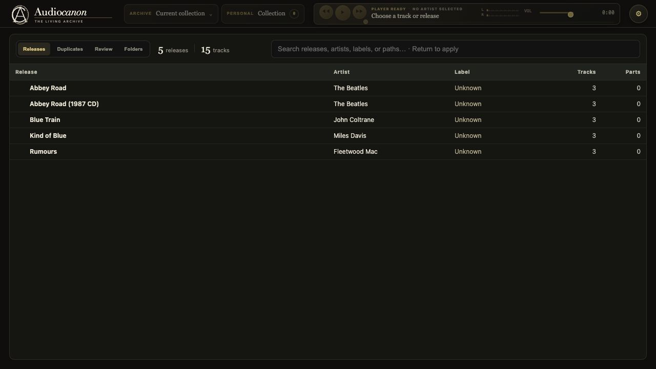 AudioCanon’s real release list showing albums by The Beatles, John Coltrane, Miles Davis, and Fleetwood Mac