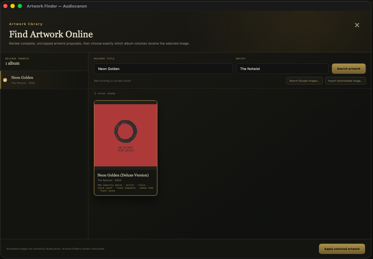 AudioCanon Find Artwork Online window showing editable release details, an evidence-ranked cover proposal, and a deliberate apply action