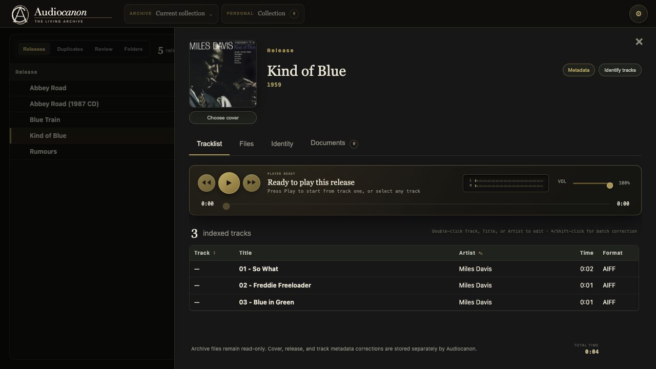 AudioCanon’s real release window showing Miles Davis’s Kind of Blue with its authentic cover artwork and tracklist