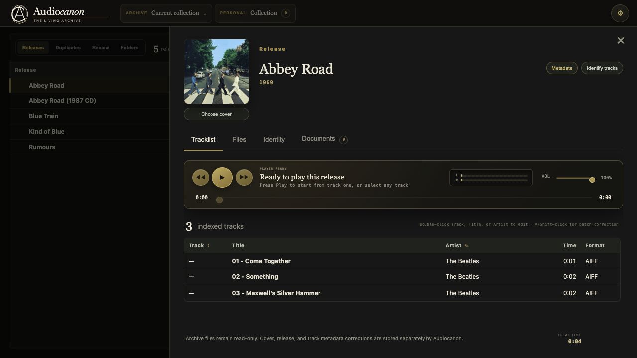 AudioCanon release window showing The Beatles’ Abbey Road, its authentic cover artwork, playback controls, and tracklist
