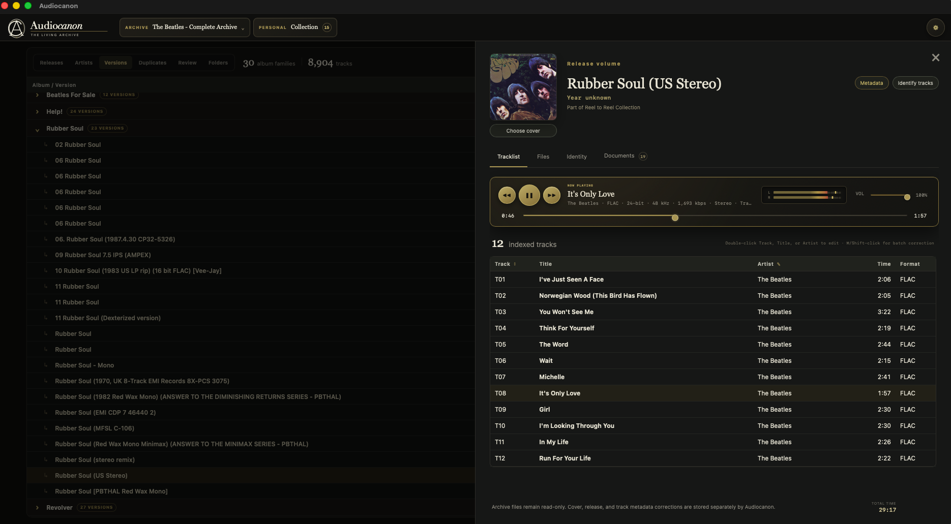 AudioCanon single-artist release window showing Rubber Soul with active playback and full track details
