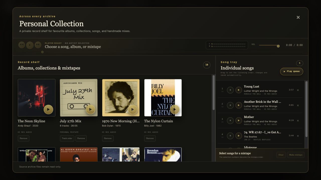 AudioCanon Personal Collection showing a real record shelf, July 27th Mix, and an individual Song Tray